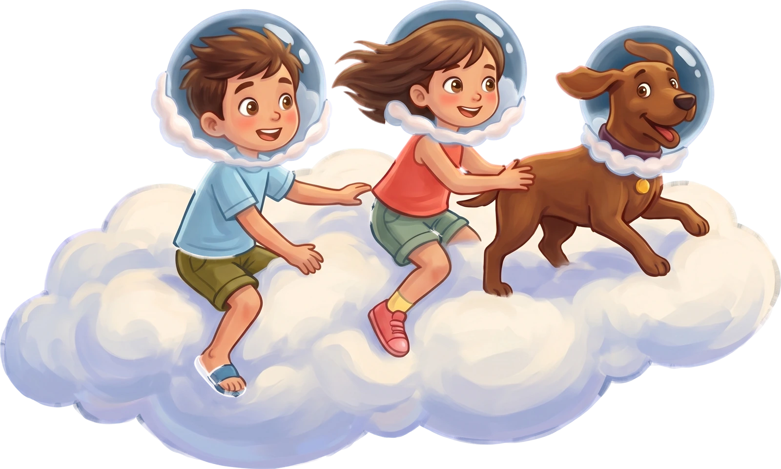 Fiete, Lotte und Hund Paco auf einer Wolke